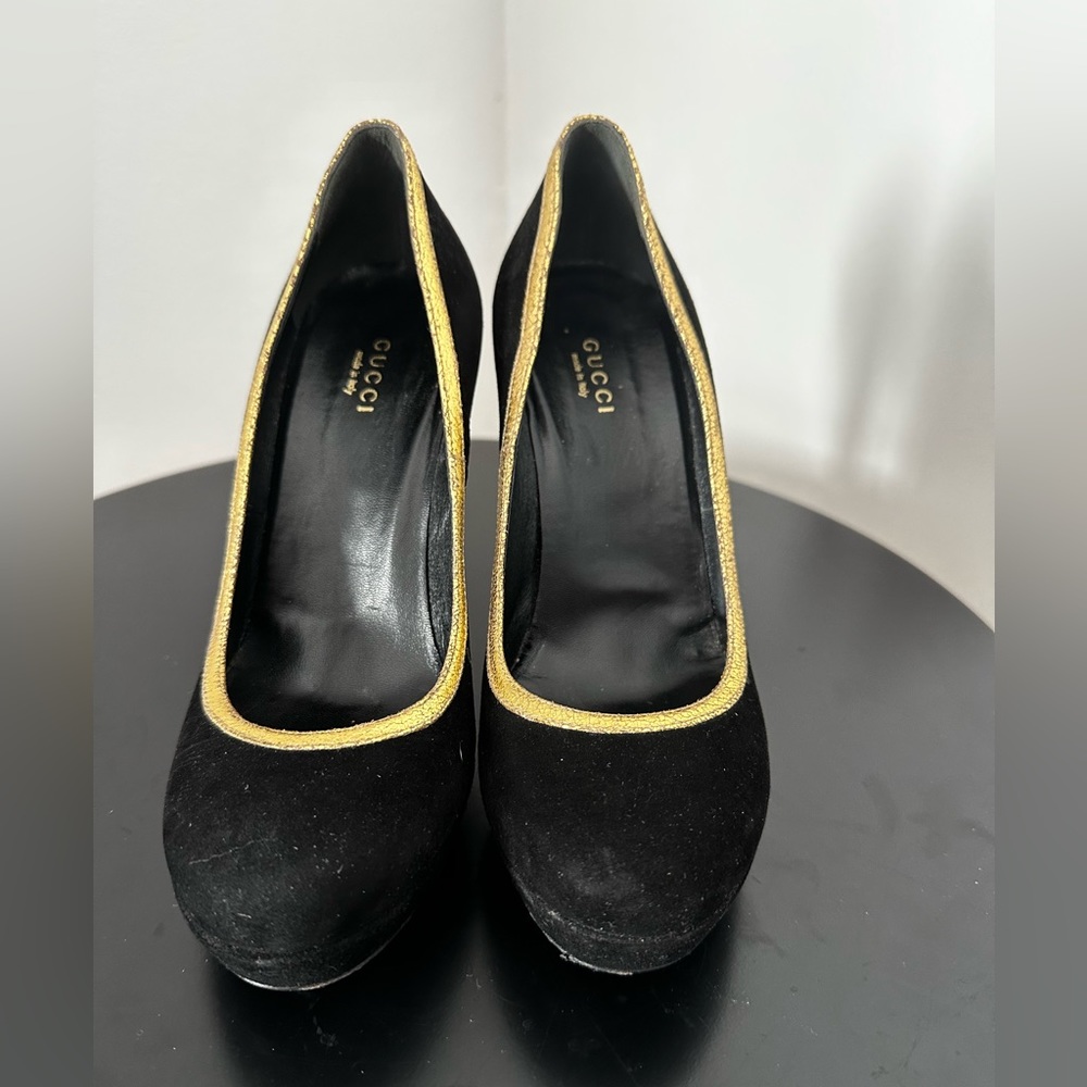Gucci Black Suede and Gold Trim Heels